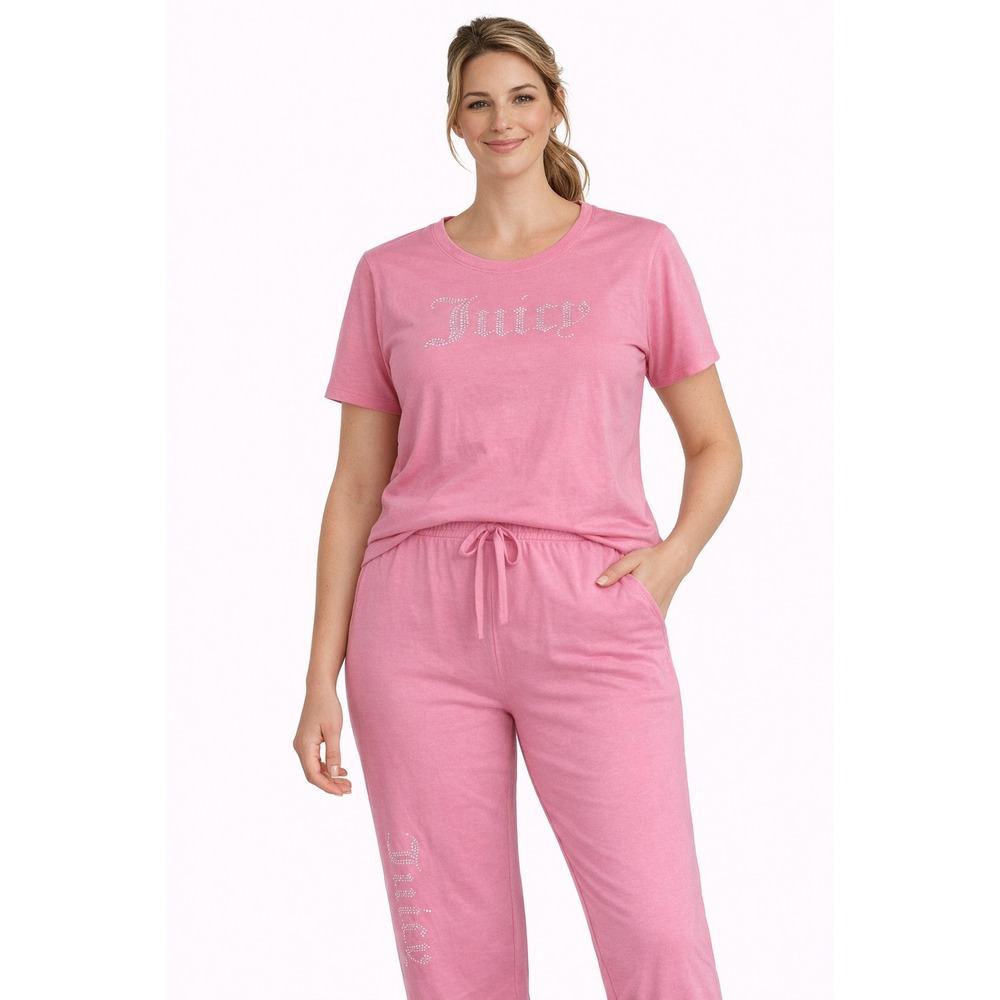 Juicy Couture Pajama Set Women Size M Pink Rhinestone Logo Y2K‎ Lounge Sleepwear